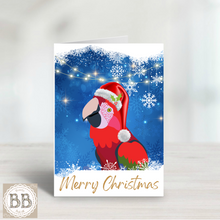 Load image into Gallery viewer, Macaw Christmas Card, Parrot card, holiday card, bird card, Christmas parrot, Santa Parrot, Merry Christmas, pretty Christmas card, pet card
