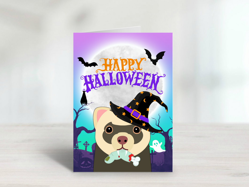 Halloween Ferret Greetings Card, cute ferret gift, pet holiday card, spooky card, pet halloween card, funny animal card, ferret card