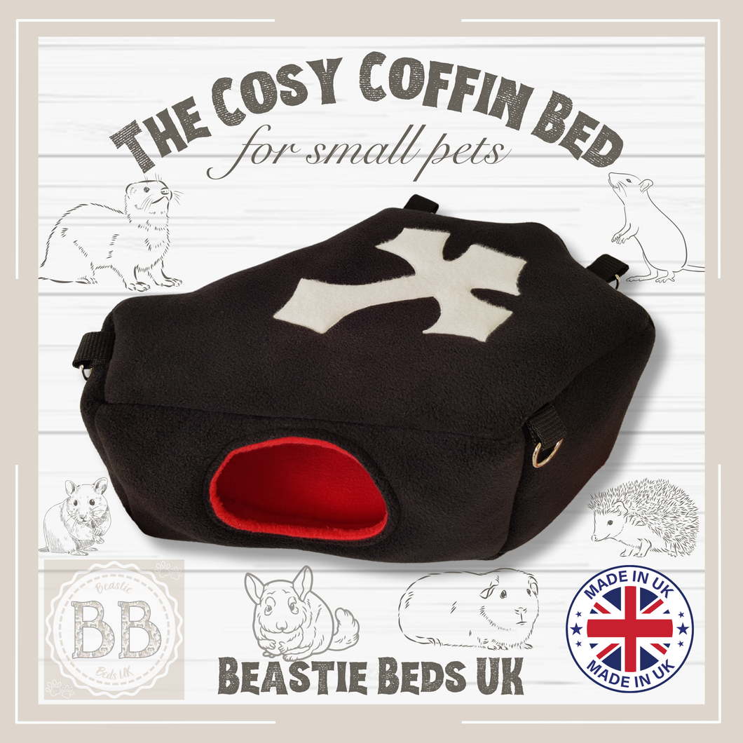 cosy coffin bed, gothic pet bed, spooky bed, halloween bed for ferrets, rats, chinchillas, guinea pigs, mice and hamsters