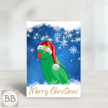 Load image into Gallery viewer, Indian Ringneck Christmas Card, Parrot card, holiday card, bird card, Christmas parrot, Merry Christmas, pretty Christmas card, pet card
