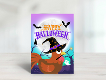 Load image into Gallery viewer, Halloween Chicken Greetings Card, cute chicken gift, pet holiday card, spooky card, pet halloween card, funny animal card, bird card
