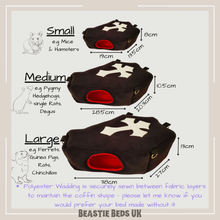 Load image into Gallery viewer, size information of the beastie beds uk cosy coffin bed and species suggestions
