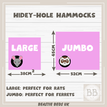 Load image into Gallery viewer, size information on hidey hole hammocks for rats and ferrets
