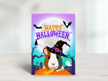 Load image into Gallery viewer, Halloween Guinea Pig Greetings Card, cute Guinea Pig gift, pet holiday card, spooky card, pet halloween card, funny animal card, piggy card
