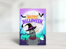 Load image into Gallery viewer, Halloween Pigeon Greetings Card, cute Pigeon gift, pet holiday card, spooky card, pet halloween card, funny animal card, bird card
