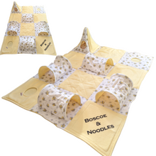 Load image into Gallery viewer, The Beastie Beds Playmat, activity centre toys for ferrets or rats, crinkle mat, tunnels, bed, various sizes, custom design. Personalisation available.
