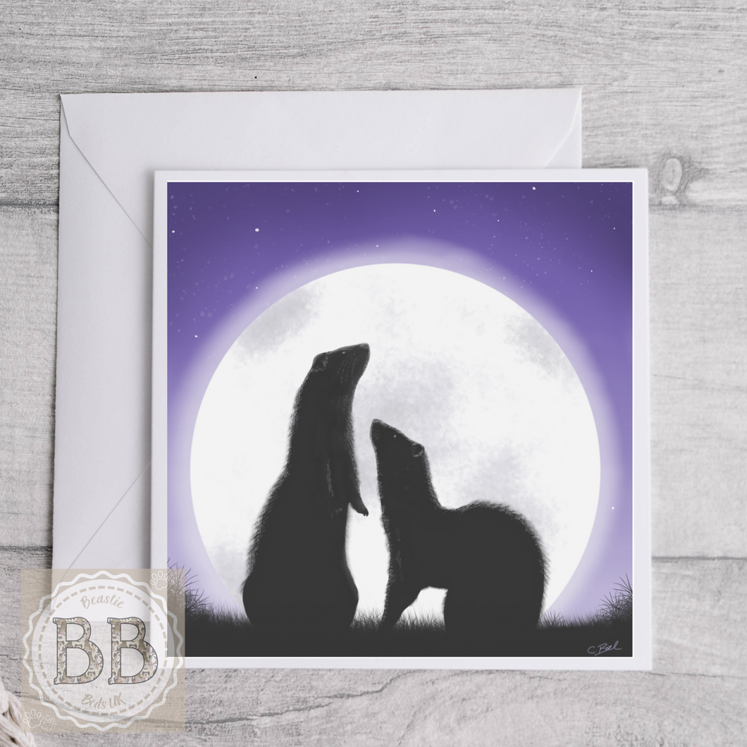 Ferrets & the Moon original art greetings card, card for ferret lovers, pet card, card for animal lovers, pet card, moonlight, birthday