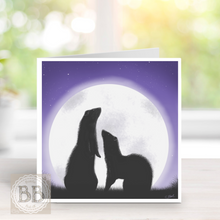 Load image into Gallery viewer, Ferrets &amp; the Moon original art greetings card, card for ferret lovers, pet card, card for animal lovers, pet card, moonlight, birthday

